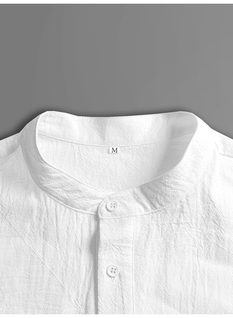 Men's White Short Sleeve Henley Shirt Band Collar Crinkle Texture Cotton Linen Blend Casual Top - Image 3